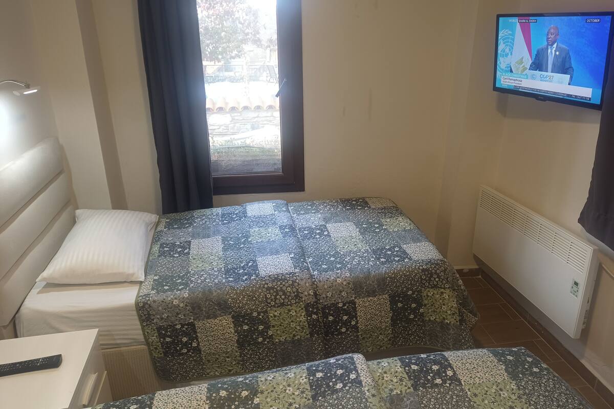 Une chambre d’hôtel avec un lit, une petite table, une télévision et une fenêtre avec des rideaux.