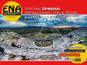 Ein großes, antikes Amphitheater in Ephesus, Türkei, mit Blick auf die umliegende Landschaft.