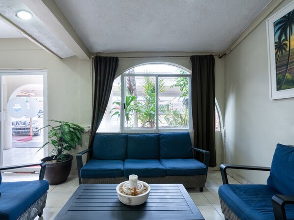 A room with a blue sofa, a table with a decorative bowl, a potted plant, and a view of the outside through a window with curtains.