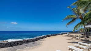 A beach with white lounge chairs, a stone wall, and a palm tree.