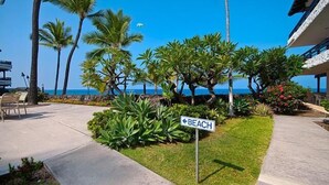 A pathway leading to a beach with a sign indicating the direction.