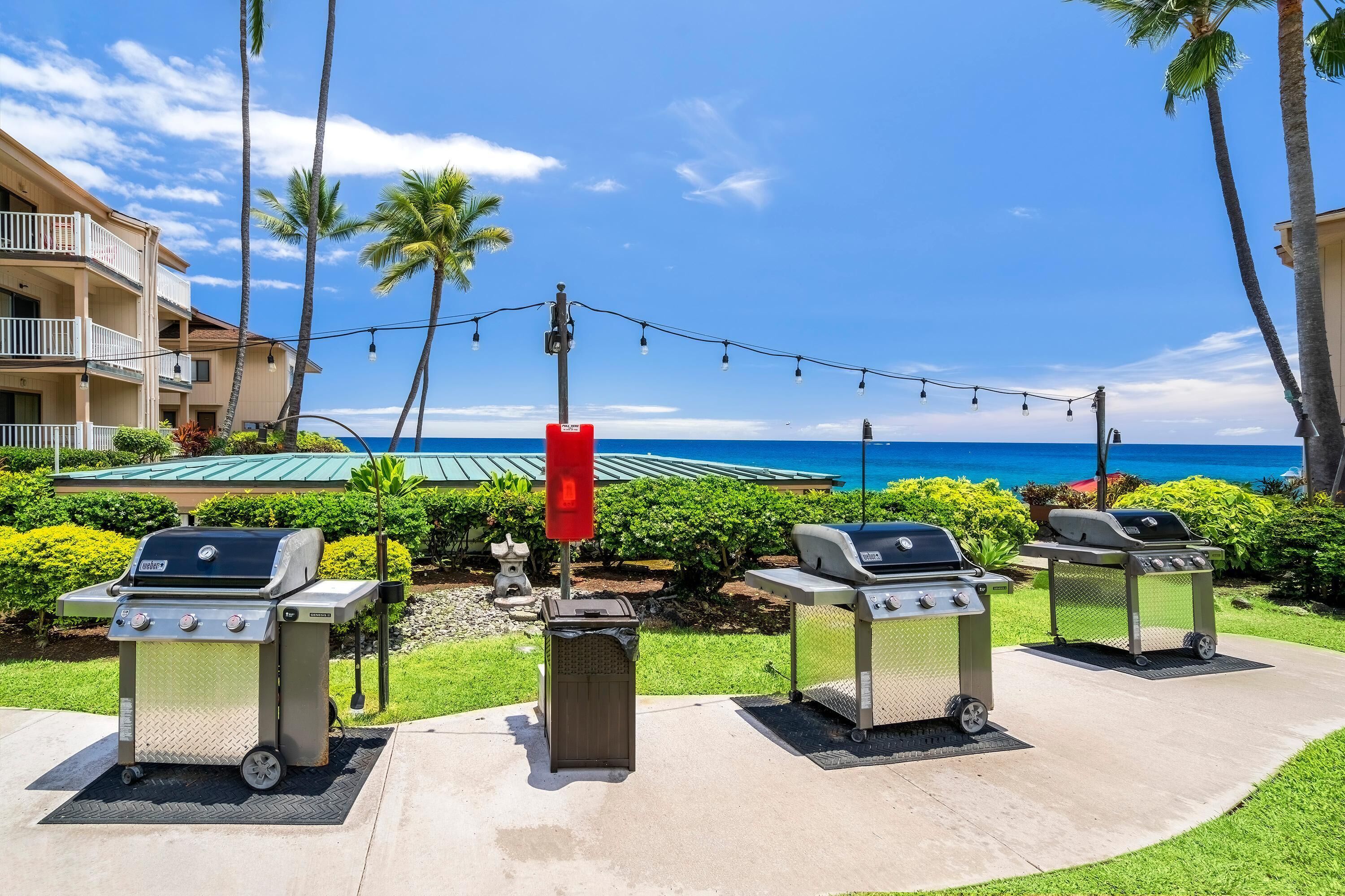Een terras met drie barbecuegrills, een rode afvalbak en een lichtslingering, met op de achtergrond een helderblauwe lucht en de oceaan.