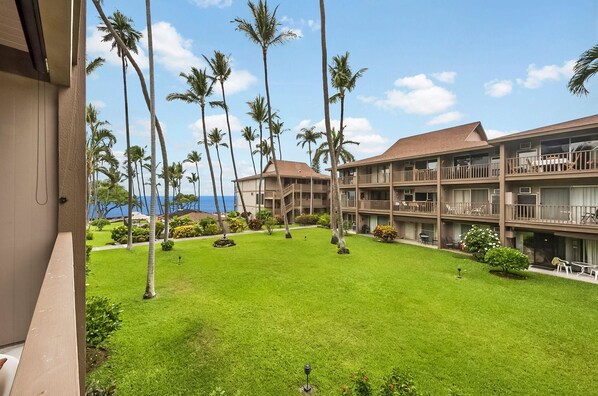 A hotel with multiple floors, a well-maintained lawn, and tall palm trees.