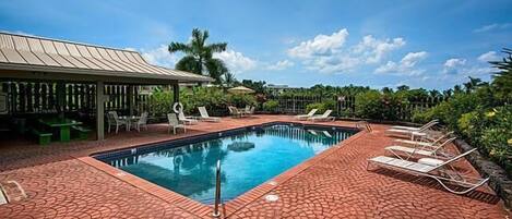 A rectangular swimming pool with a tiled deck, surrounded by lounge chairs and a covered seating area.