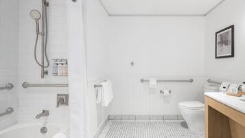 A modern bathroom with a bathtub, shower, toilet, and vanity.