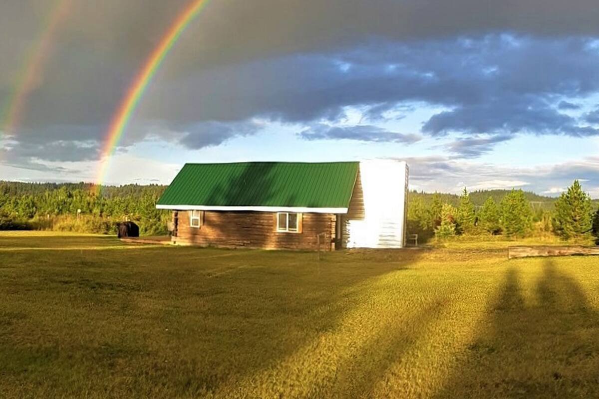 A single-story wooden house with a green roof, surrounded by a grassy field and a forested area.