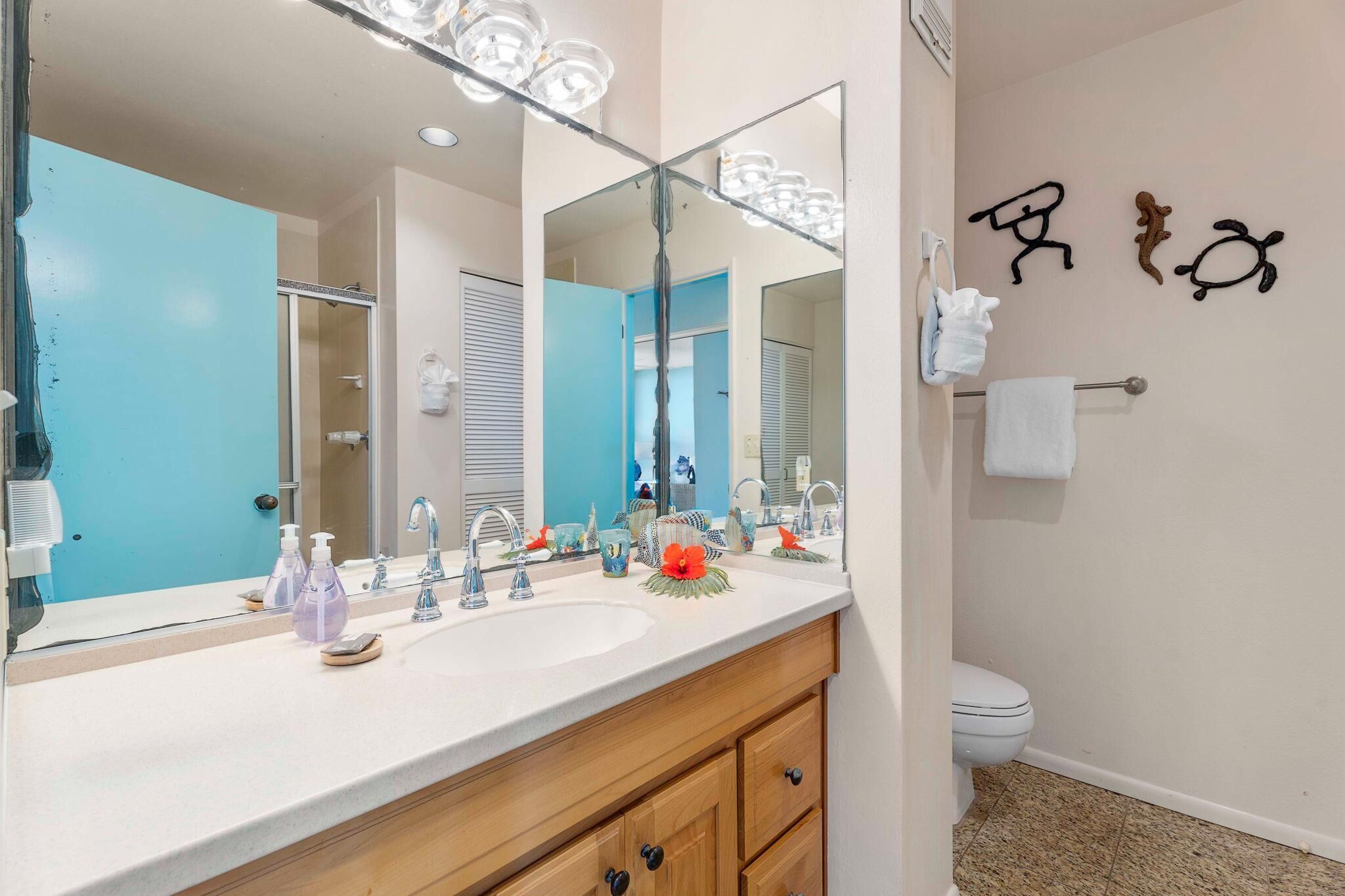 Une salle de bain avec un grand miroir, un lavabo équipé de distributeurs de savon, un porte-serviettes et des toilettes.