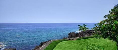 A coastal landscape with a clear view of the ocean, a paved walkway, and well-maintained grassy areas.
