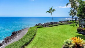 A coastal view with a grassy area, palm trees, and a clear blue sky. - Keauhou Kona Surf & Racquet Club 3202 (Kailua-Kona)
