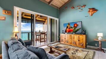 Condo, Multiple Beds, Partial Ocean View (Keauhou Kona Surf & Racquet Club #5-3) | Living area | 43-inch flat-screen TV with cable channels, TV, DVD player