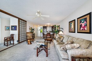 Condo, Multiple Beds, Ocean View (Keauhou Kona Surf & Racquet Club#3-20) | Living area | 48-inch flat-screen TV with cable channels, TV, DVD player