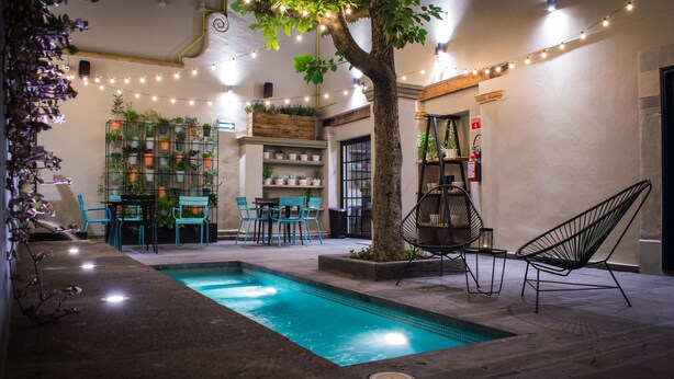 Zona de piscina con un árbol, sillas y estantes con plantas.