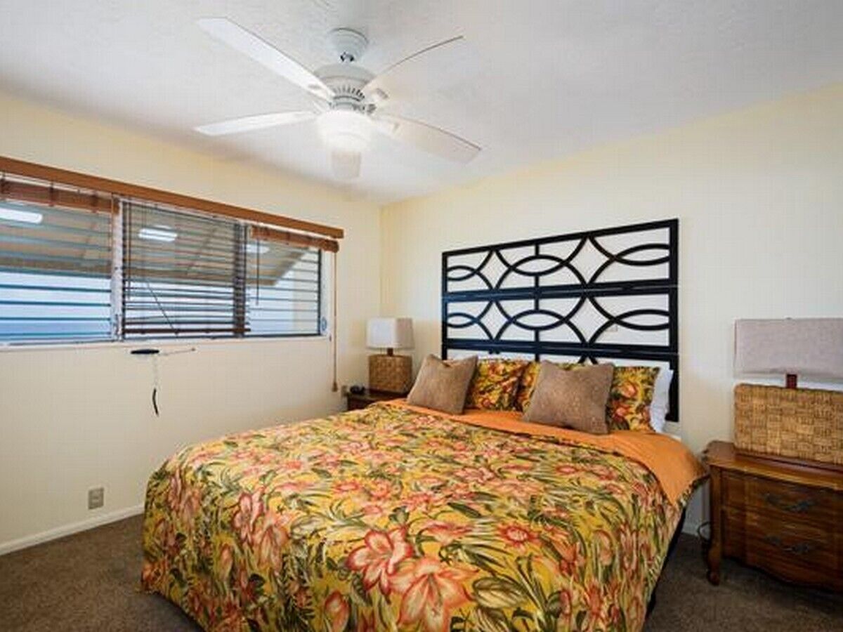 A bedroom with a bed, a ceiling fan, a window with blinds, and a nightstand with a lamp.