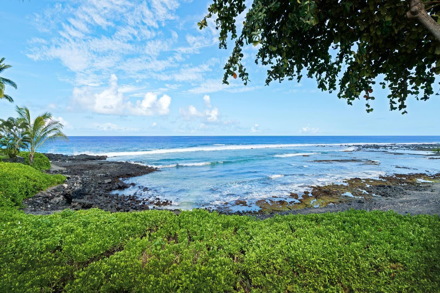 A coastal landscape with a rocky shoreline, green vegetation, and a clear blue sky.