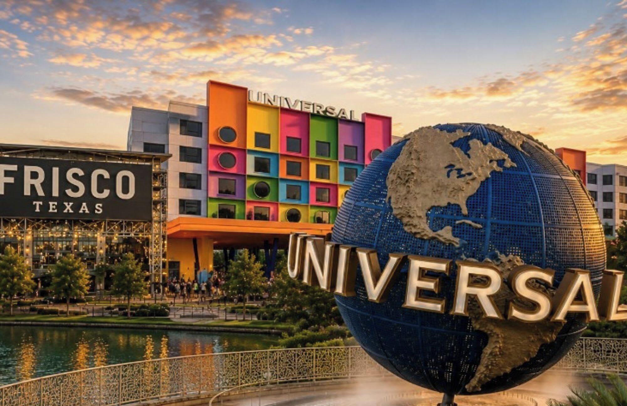 Ein Gebäude mit einer farbenfrohen Fassade und dem Schriftzug 'Universal', der auf einen Universal Studios Standort hinweist.