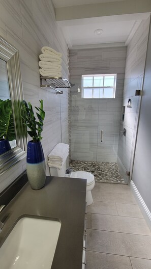 Hair dryer, towels, soap, shampoo