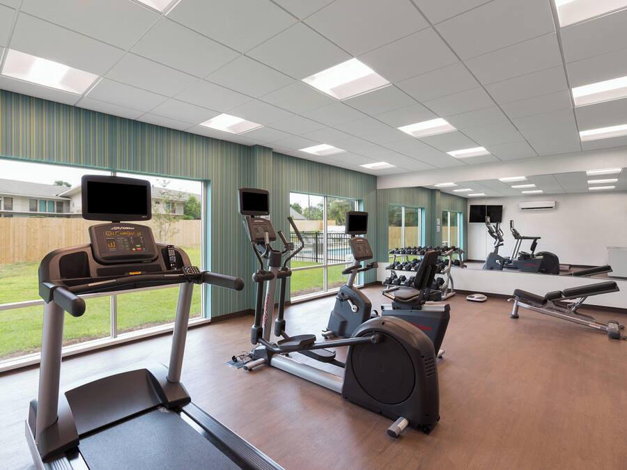 Un gimnasio con cintas de correr, elípticas y equipo de pesas.
