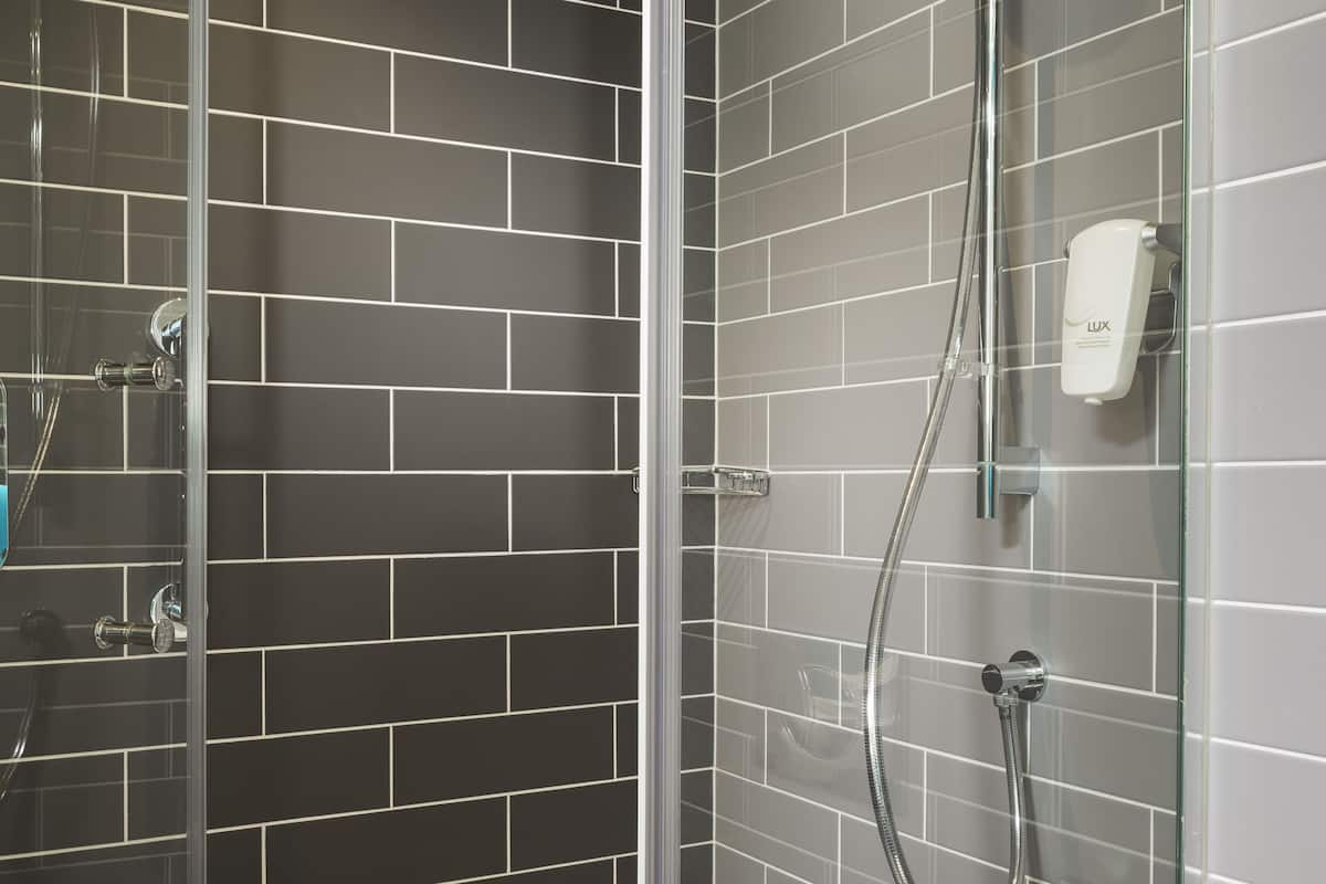 shower, free toiletries, hair dryer, towels