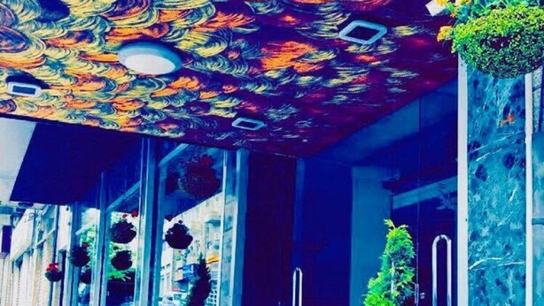 Un bâtiment doté d’un plafond décoratif, de grands pots de plantes et d’un chemin piétonnier dallé.