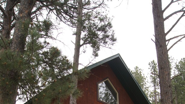 A wooden cabin with a balcony, surrounded by trees. - Elk Haven Vacation Cabins, Custer SD, Elk Haven Vacation Cabins, Custer SD (Custer)