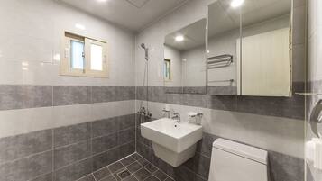 Shower, free toiletries, hair dryer, bathrobes