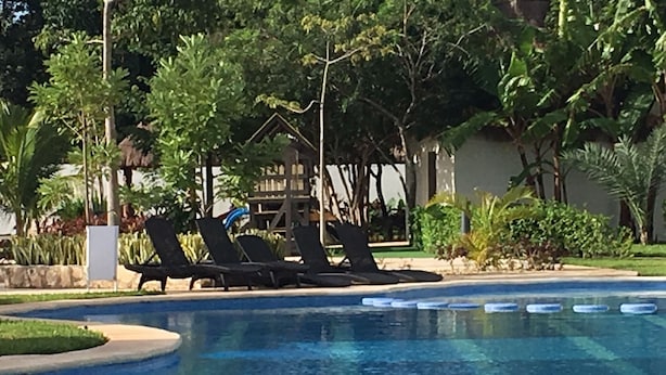 Una piscina con sillones de descanso y palmeras.