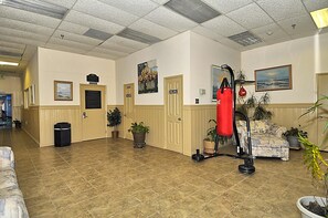 A lobby with a punching bag, potted plants, a couch, and a trash can.