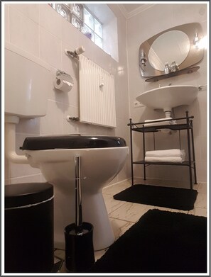 Douche, sèche-cheveux, serviettes fournies, savon