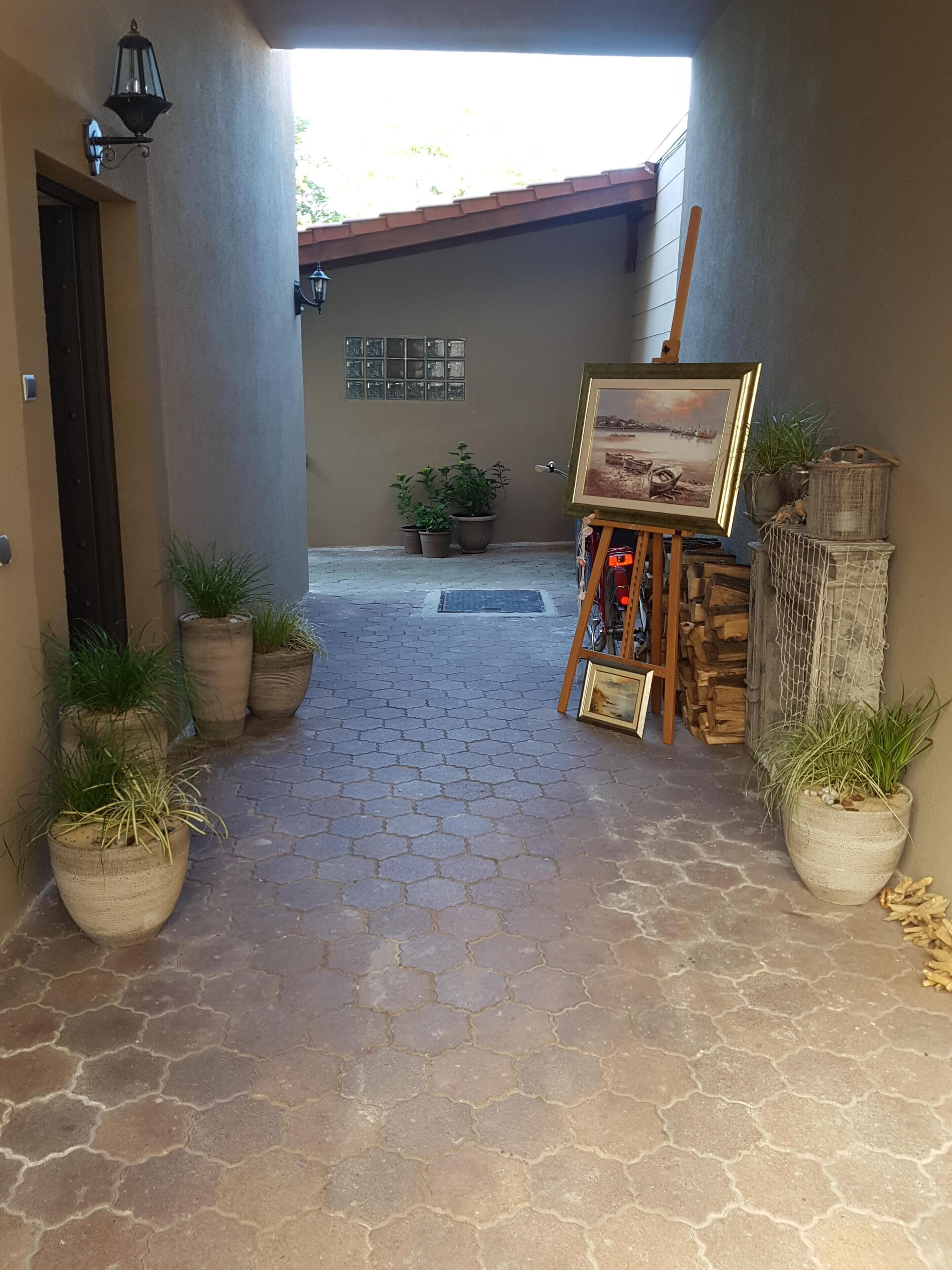 A paved pathway leading to a building entrance with potted plants on either side.