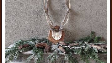 A deer head mounted on a stone fireplace mantel, surrounded by pine branches and pine cones.