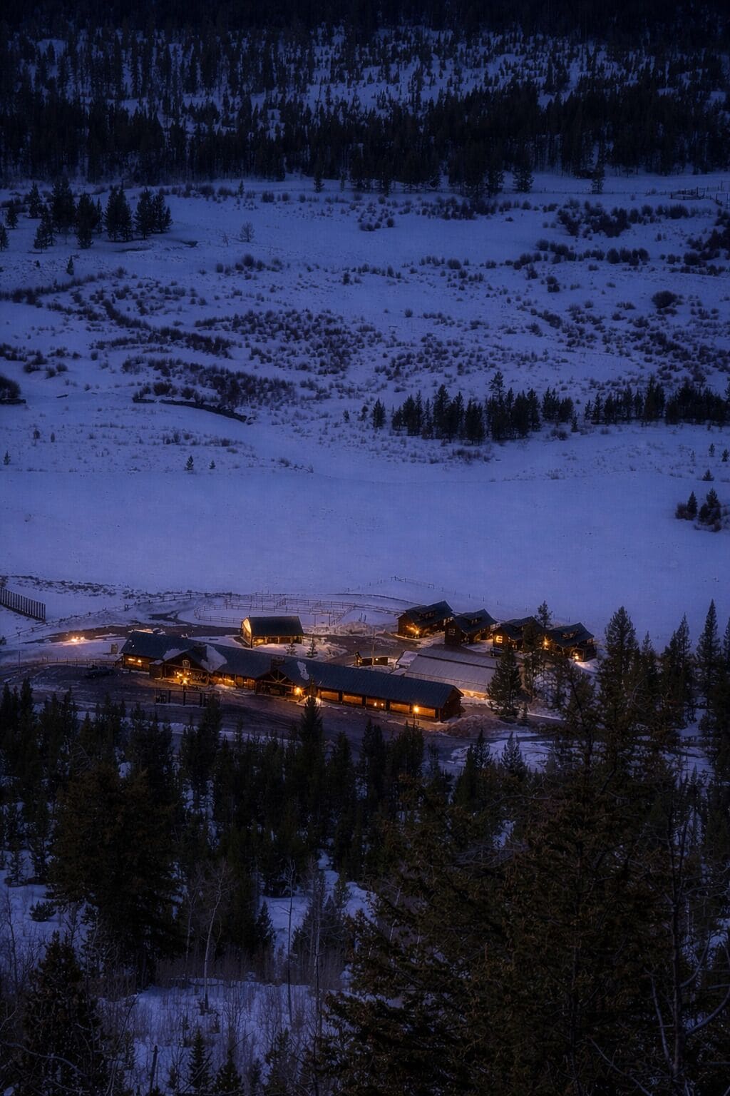 Un paysage enneigé avec un ensemble de bâtiments, probablement un chalet ou un complexe hôtelier, entouré d’arbres et d’une clôture.