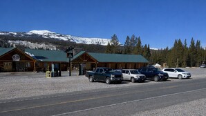 A lodge with a green roof, a gravel parking area, and a mountain in the background. - Lava Mountain Lodge (Dubois)