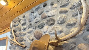 A stone wall with a mounted deer head and antlers, a fireplace, and a wooden ceiling. - Lava Mountain Lodge (Dubois)