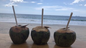 Drei Kokosnussgetränke auf einem Tisch am Strand, mit dem Meer im Hintergrund.