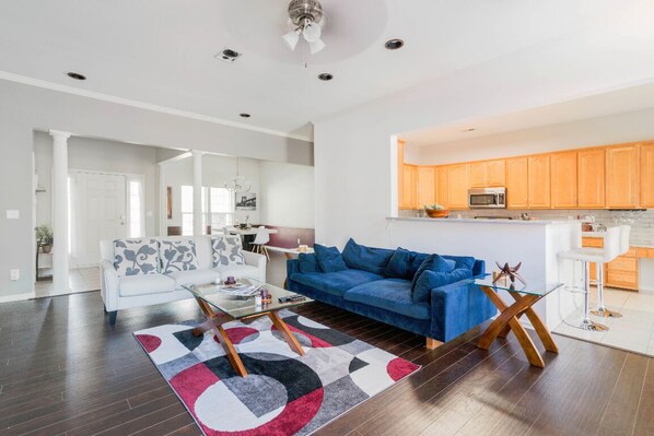 Smart TV, fireplace, video games, DVD player