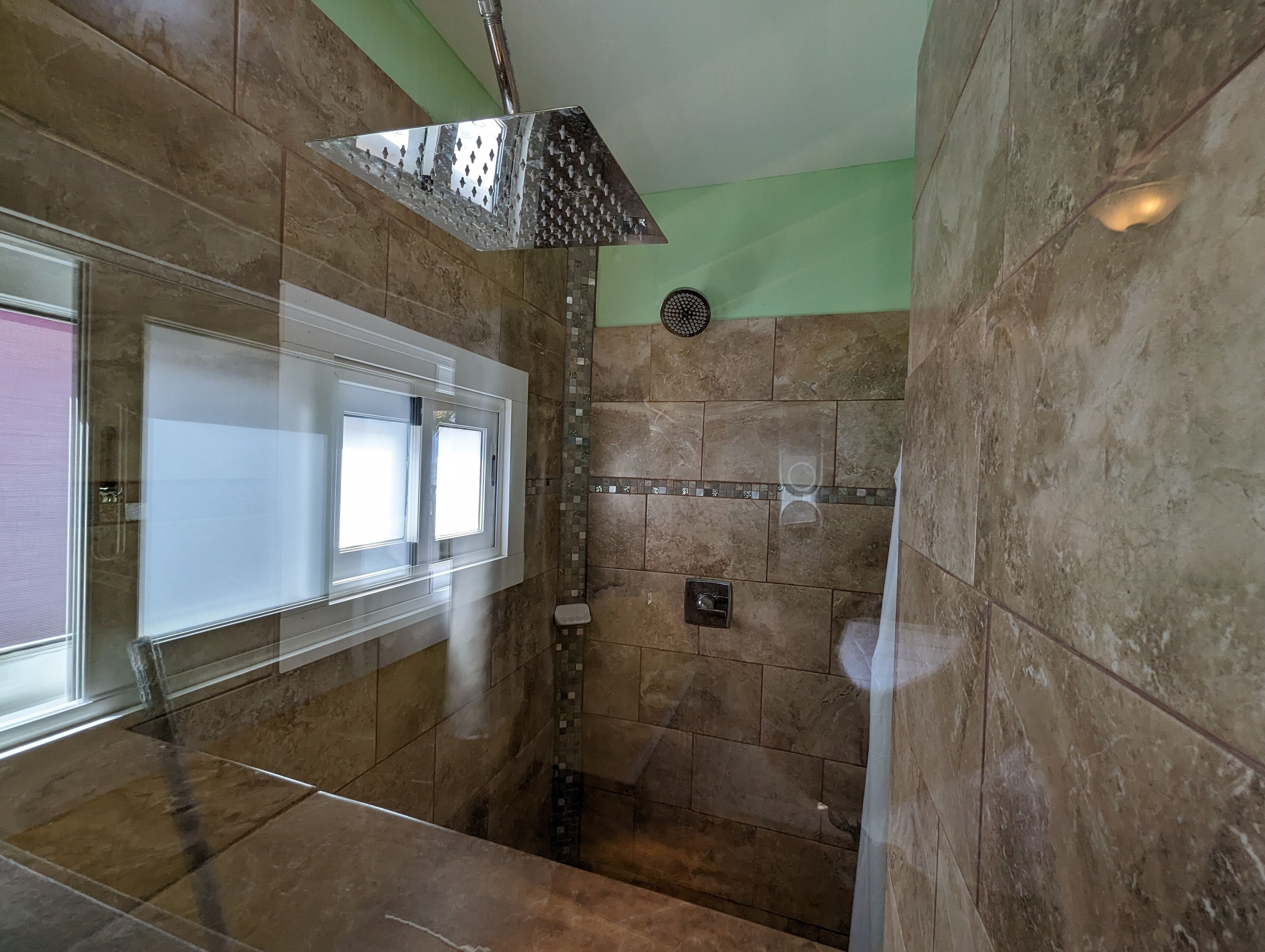 Shower, towels, soap, toilet paper