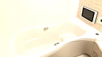 Combined shower/bathtub, hair dryer, towels, soap