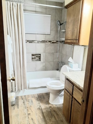 Combined shower/tub, hair dryer, towels, soap