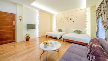 Down comforters, desk, blackout drapes, soundproofing