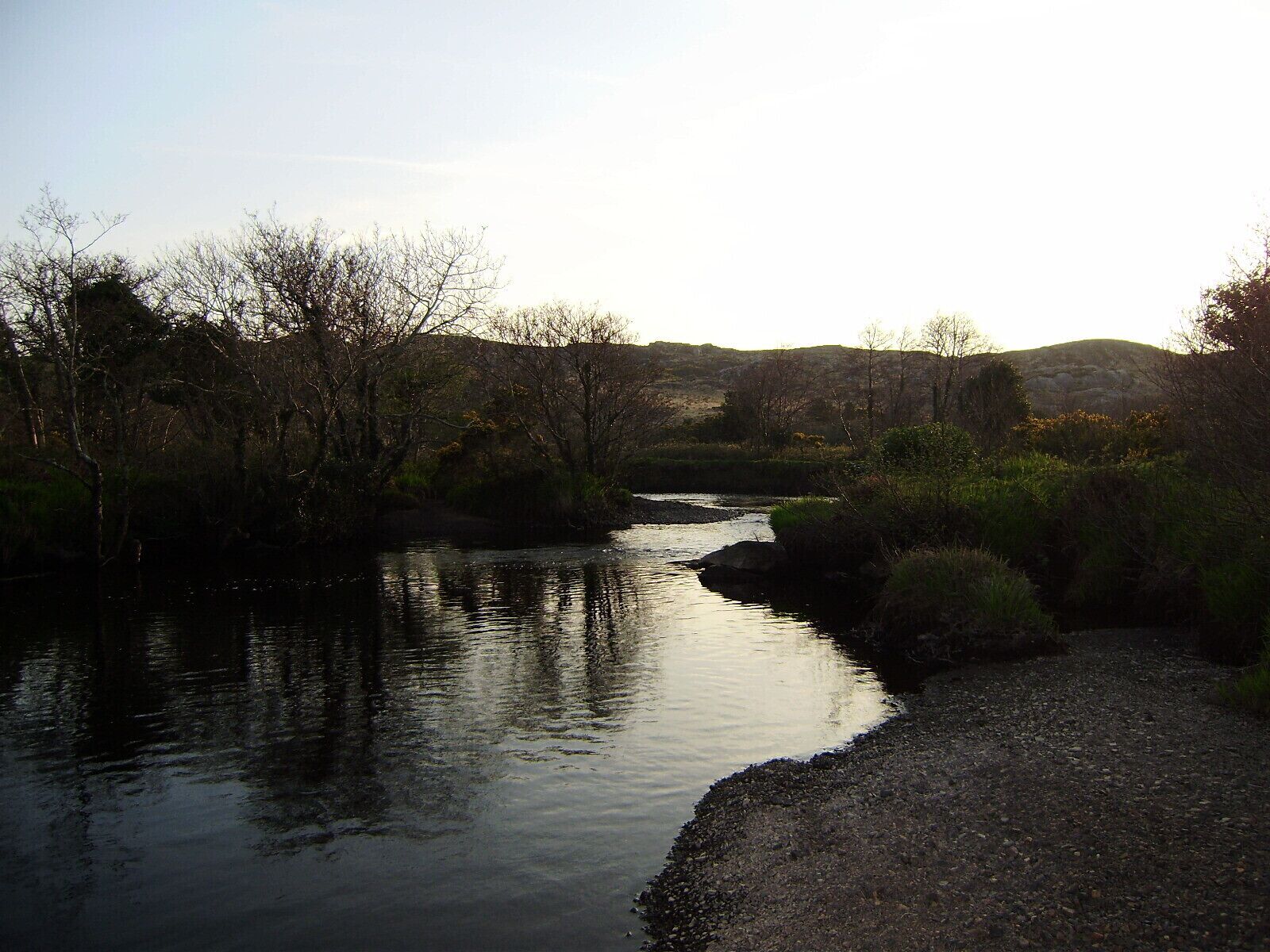 A river flowing through a natural landscape with trees and hills in the background.