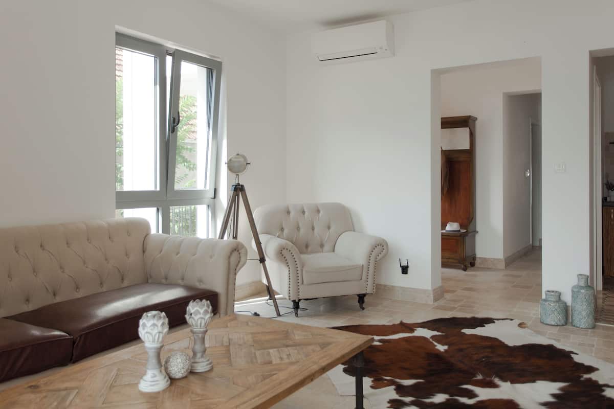 Una sala de estar con sofá, sillón, mesa de centro y alfombra de cuero de vaca.