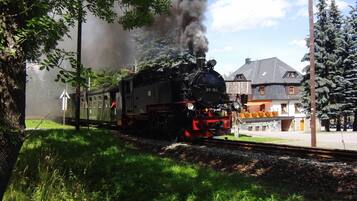 Eine Dampflokomotive mit der Nummer 99786 auf einem Gleis, umgeben von Grünflächen und einem Gebäude mit geneigtem Dach.