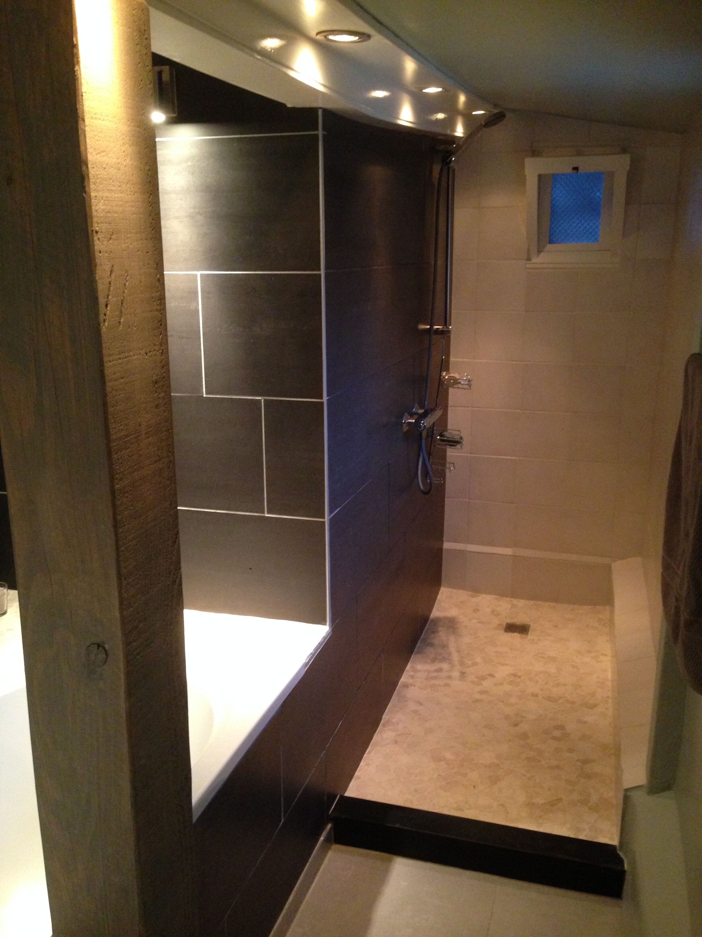 Bathtub, hair dryer, soap, toilet paper