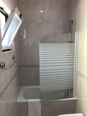 Combined shower/bathtub, hair dryer