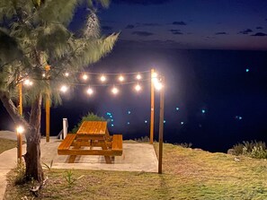 A wooden picnic table under string lights with a view of the ocean at night. - High-end New Home - Large PRIVATE Pool, Snorkeling, Cliff Jumping, Kayaks & SUP (Eleuthera)