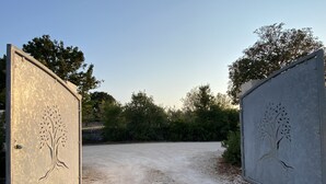 A gravel driveway leading to a gated area with tree cut-out designs on the gates. - Villa with large private pool, stunning views, fantastic for cycling/ walking (Martina Franca)