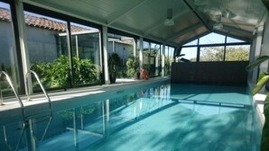 An indoor swimming pool with clear glass walls, a metal ladder, and potted plants.