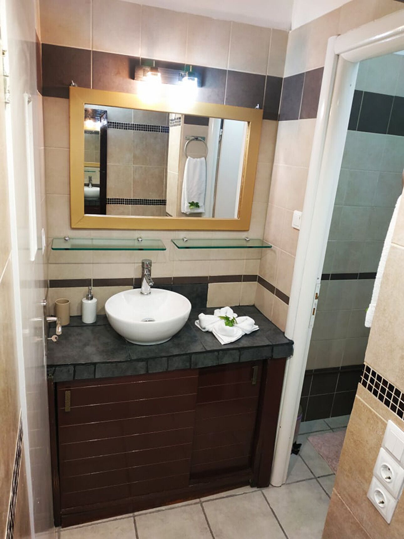 Shower, hair dryer, towels, toilet paper