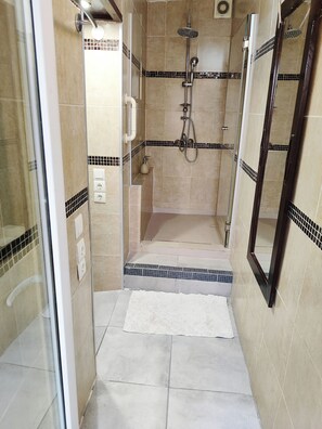 Shower, hair dryer, towels, toilet paper