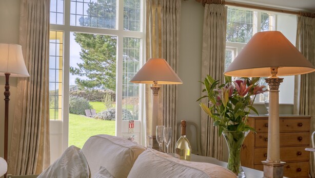 Een goed verlichte kamer met een groot raam, een bed met witte beddengoed, twee lampen, een vaas met bloemen en een fles wijn op een nachtkastje.
